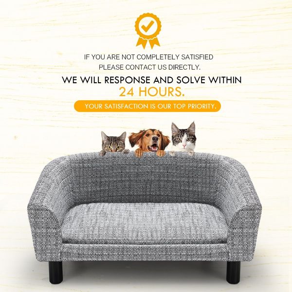 Dog Bed Pet Cat Sofa Doggy Couch Puppy Soft Cushioned Lounge Chaise Furniture Wood Frame Linen Fabric M