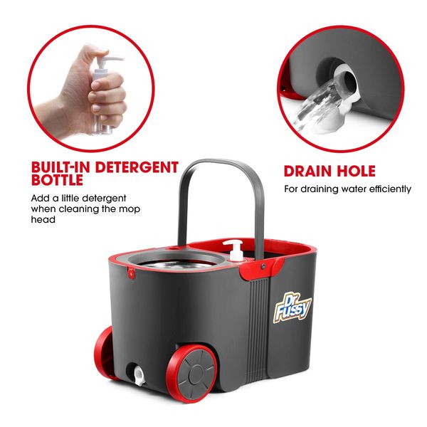 Spin Rotating Mop and Bucket Set Dr Fussy 360 Degree with Wheels and 4 Microfibre Mop Heads