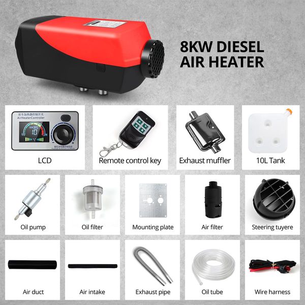 12V 8KW Diesel Air Heater Kit RV Portable Vehicle Heater with LCD Intelligent Voice Remote Control Black and Red