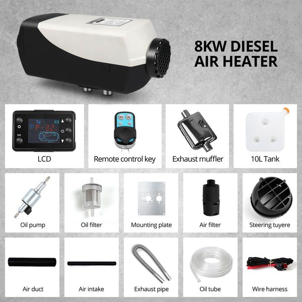 Diesel Air Heater 8kW 12V RV Kit Portable Vehicle Heater with LCD Remote Control Black and Grey