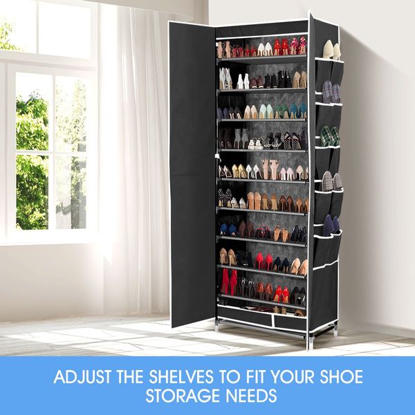 40 Pairs 10 Tier Metal Stackable Shoe Rack Cabinet Shoe Organizer Storage Wardrobe 165cm Black