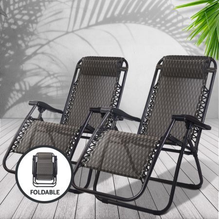 Gardeon 2PC Zero Gravity Chair Folding Outdoor Recliner Adjustable Sun Lounge Camping Grey