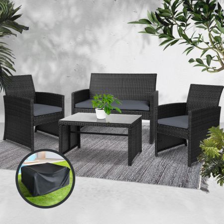 Gardeon Garden Furniture Outdoor Lounge Setting Wicker Sofa Set Storage Cover Black