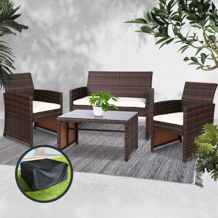 Gardeon Garden Furniture Outdoor Lounge Setting Wicker Sofa Set Storage Cover Brown