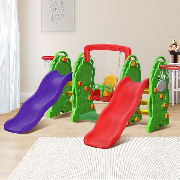 5-in-1 Plastic Kids Double Slide and Swing Set with Basketball Hoops Bear Design