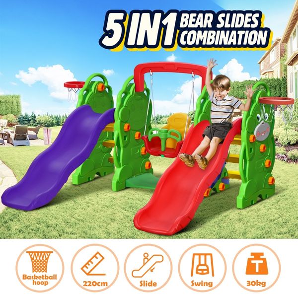 5-in-1 Plastic Kids Double Slide and Swing Set with Basketball Hoops Bear Design