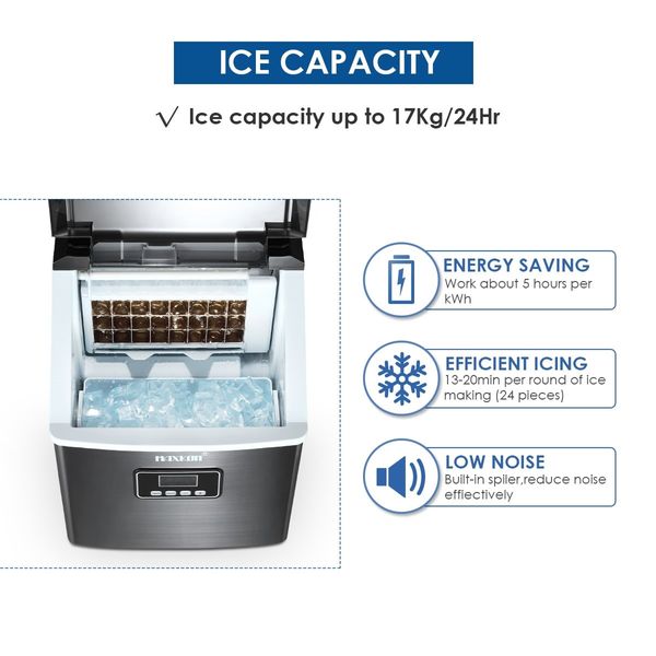 Maxkon 17KG Portable Commercial Ice Maker Machine Stainless Steel Fast Freezer Black