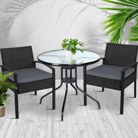 Gardeon 3PC Bistro Set Outdoor Furniture Rattan Table Chairs Cushion Patio Garden Felix