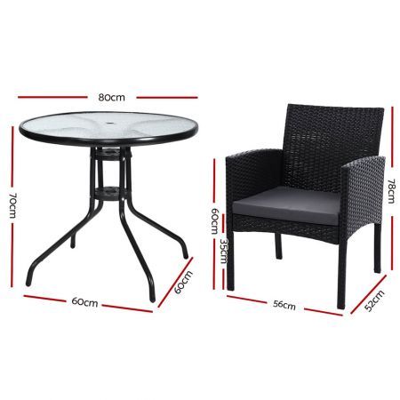 Gardeon 3PC Bistro Set Outdoor Furniture Rattan Table Chairs Cushion Patio Garden Ezra