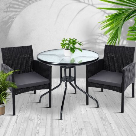 Gardeon 3PC Bistro Set Outdoor Furniture Rattan Table Chairs Cushion Patio Garden Ezra