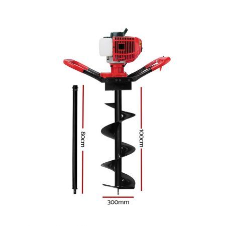 Giantz 66CC Post Hole Digger 300mm Petrol Drill Extension Auger Bits