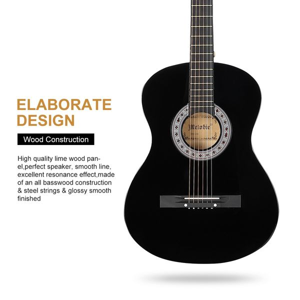 Melodic 38 Inch Round Acoustic Guitar Pack Classical Cutaway Black