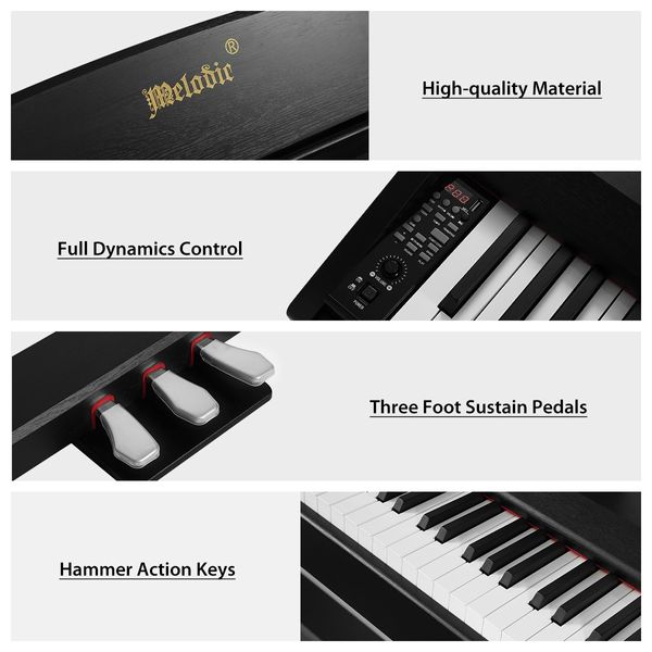 Melodic 88-Key Hammer Action Digital Piano w/ Weighted Keyboard 128 Polyphony 3 Pedals Black