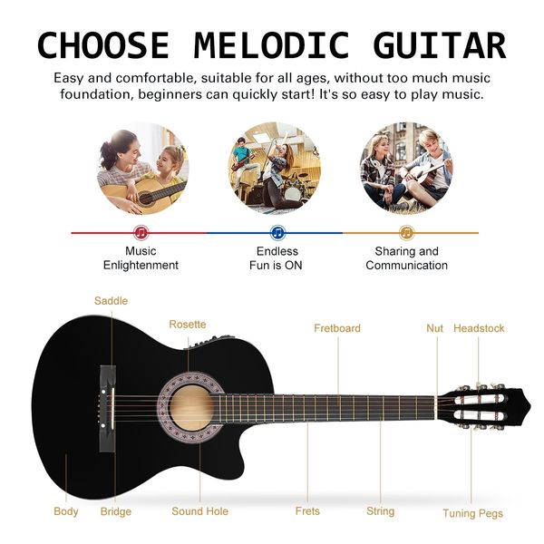 Melodic Black 38 Inch Electric Acoustic Guitar Classical Cutaway 6 Strings for Beginners w/ Bag 