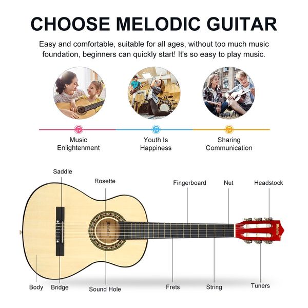 Melodic 34inch Kids Acoustic Guitar 6 Strings Tuner Cutaway Wooden Kids Gift Natural Colour