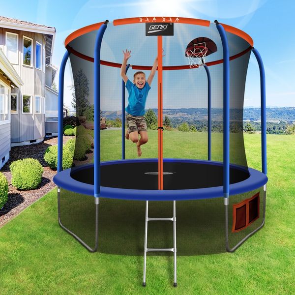 Genki 10ft Round Kids Trampoline with Safety Enclosure & Basketball Hoop 