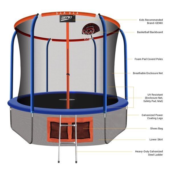 Genki 10ft Round Kids Trampoline with Safety Enclosure & Basketball Hoop 