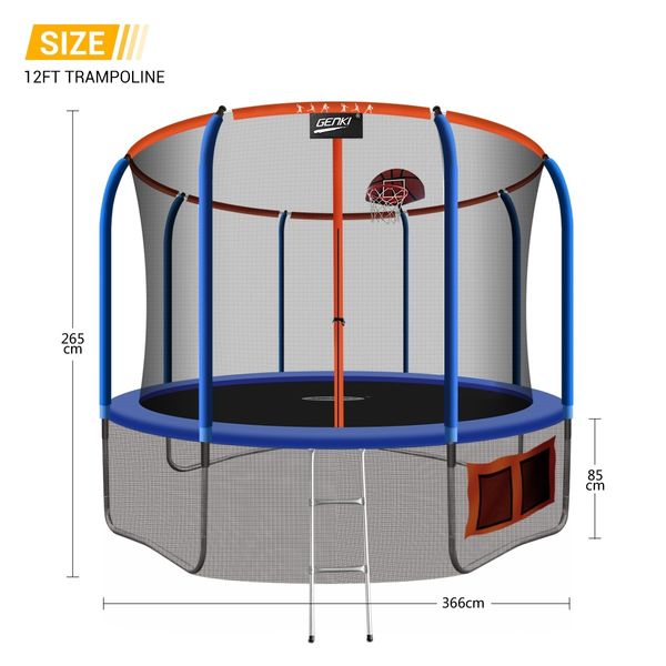 Genki 12ft Kids Round Trampoline with Safety Enclosure & Basketball Hoop