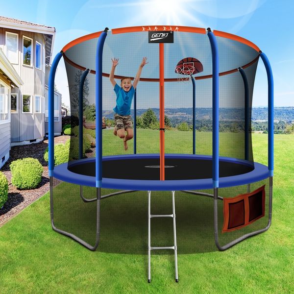 Genki 12ft Kids Round Trampoline with Safety Enclosure & Basketball Hoop