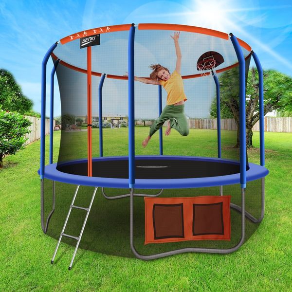 Genki 12ft Kids Round Trampoline with Safety Enclosure & Basketball Hoop