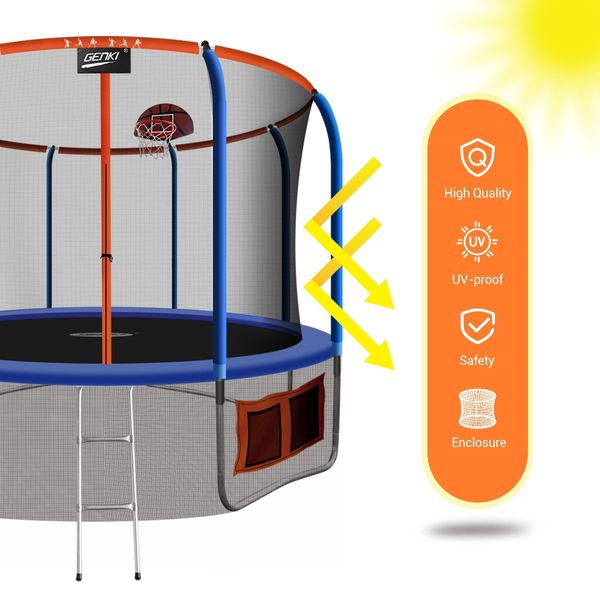 Genki 12ft Kids Round Trampoline with Safety Enclosure & Basketball Hoop