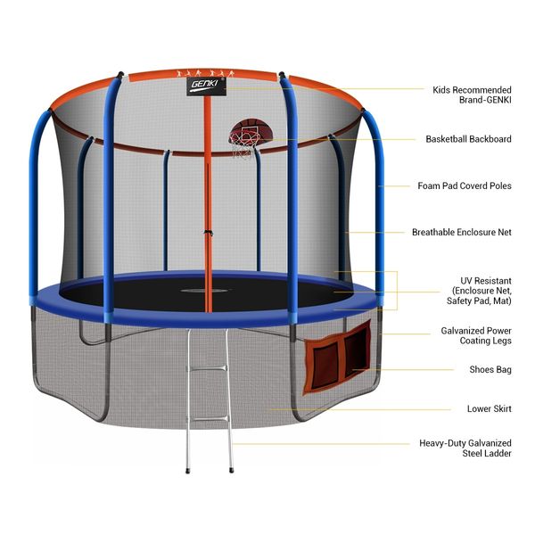 Genki 12ft Kids Round Trampoline with Safety Enclosure & Basketball Hoop