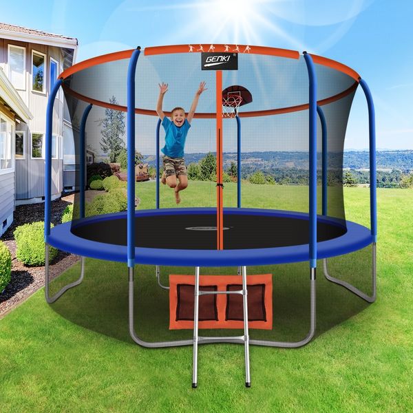 Genki 14ft Round Kids Trampoline with Safety Enclosure & Basketball Hoop