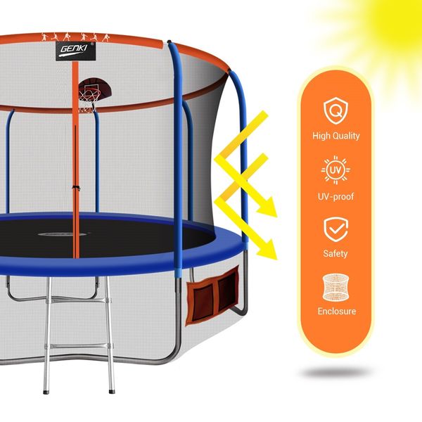 Genki 14ft Round Kids Trampoline with Safety Enclosure & Basketball Hoop