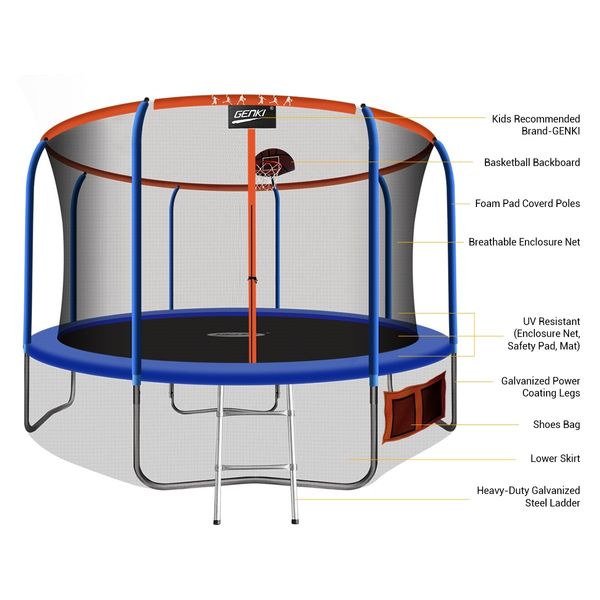 Genki 14ft Round Kids Trampoline with Safety Enclosure & Basketball Hoop