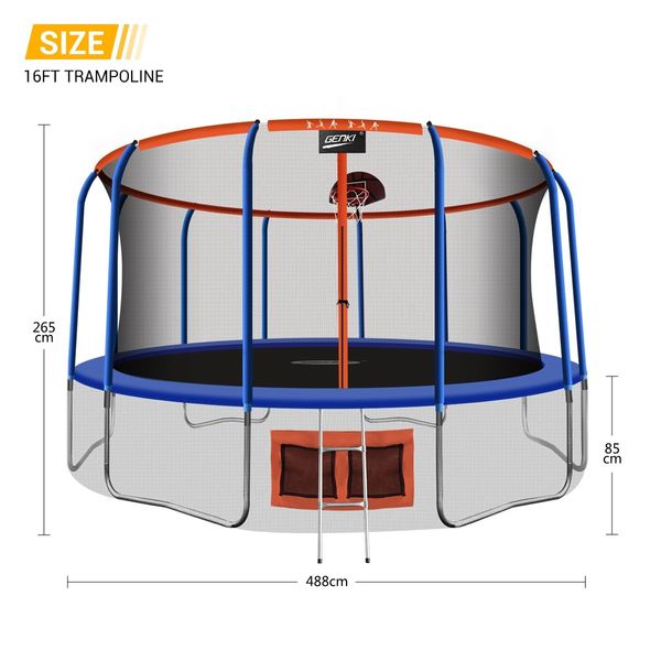 Genki 16ft Round Kids Trampoline with Safety Enclosure & Basketball Hoop