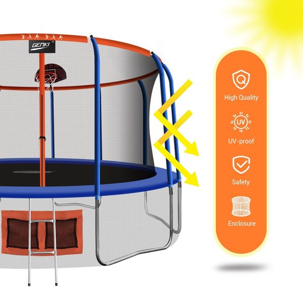 Genki 16ft Round Kids Trampoline with Safety Enclosure & Basketball Hoop