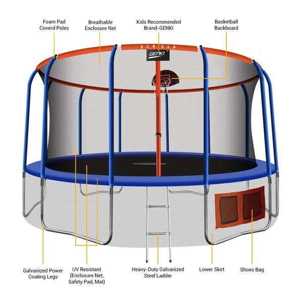 Genki 16ft Round Kids Trampoline with Safety Enclosure & Basketball Hoop