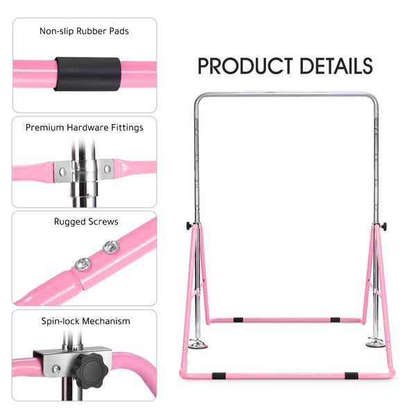 Genki Gymnastics Training Bar Height Adjustable Horizontal Bar for Kids Children Pink