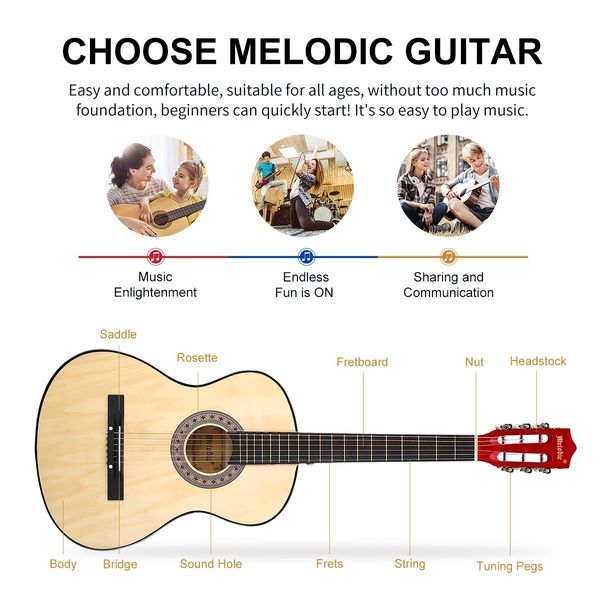 Melodic 38 Inch Round Acoustic Guitar Pack Classical Cutaway Natural Colour