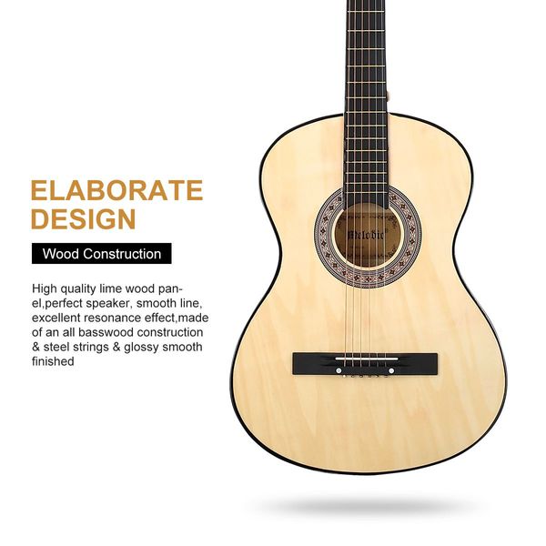 Melodic 38 Inch Round Acoustic Guitar Pack Classical Cutaway Natural Colour