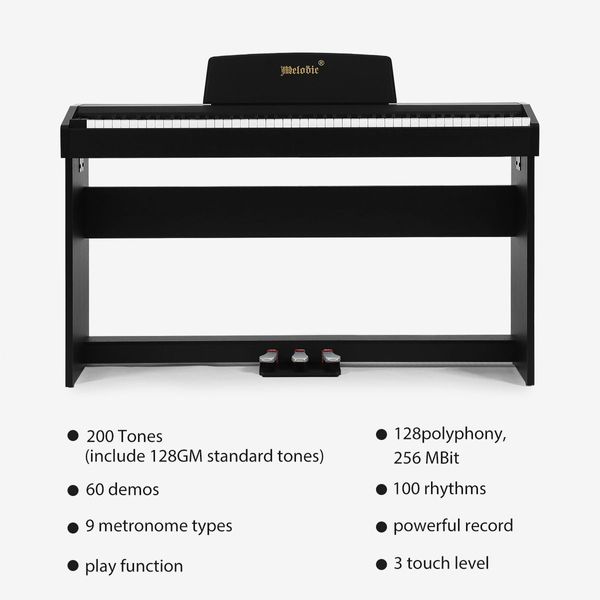 Melodic 88-Key Hammer Action Digital Piano w/ Weighted Keyboard 128 Polyphony 3 Pedals Black