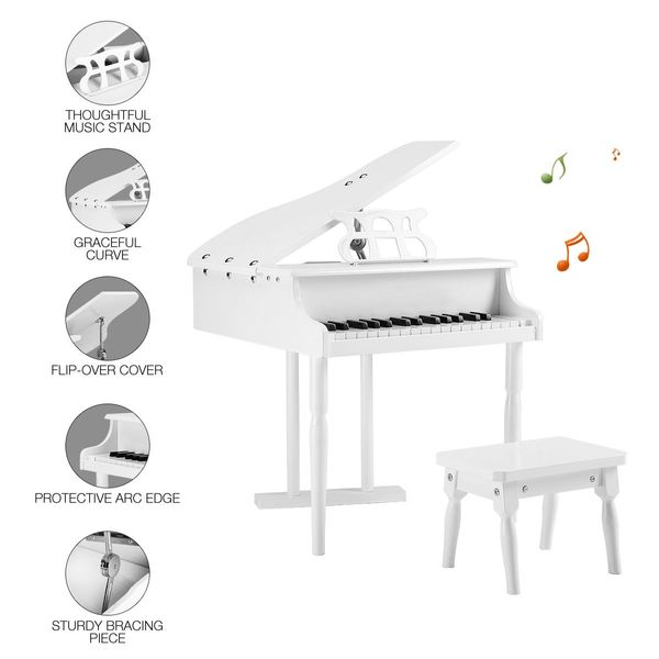 Melodic Classical Kids Piano Baby Grand Piano 30 Keys with Bench White