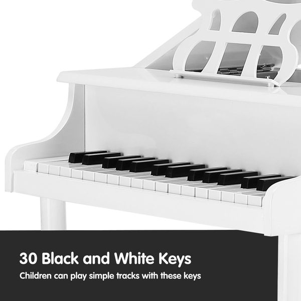 Melodic Classical Kids Piano Baby Grand Piano 30 Keys with Bench White