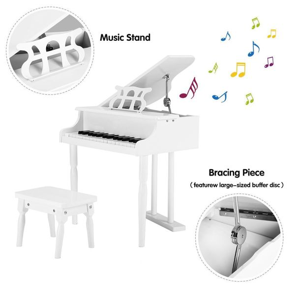 Melodic Classical Kids Piano Baby Grand Piano 30 Keys with Bench White