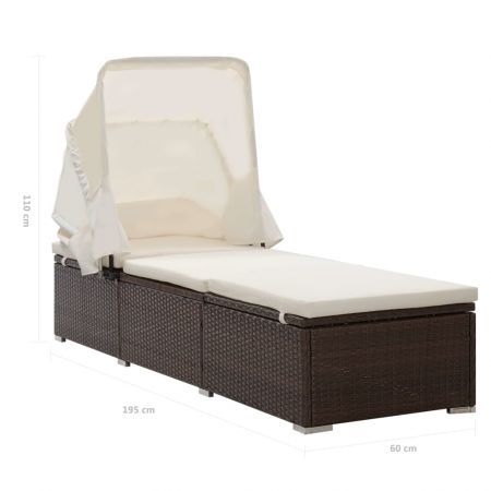 Sun Lounger with Canopy and Cushion Poly Rattan Brown