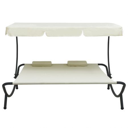 Outdoor Lounge Bed with Canopy and Pillows Cream White