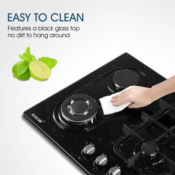 Gas Cooktop 4 Burner Gas Hob Black Tempered Glass Top Gas Stove NG LPG