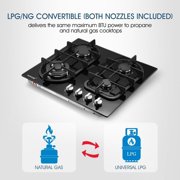 Gas Cooktop 4 Burner Gas Hob Black Tempered Glass Top Gas Stove NG LPG