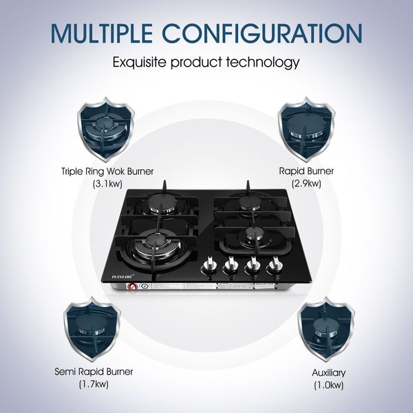 Gas Cooktop 4 Burner Gas Hob Black Tempered Glass Top Gas Stove NG LPG