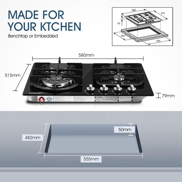 Gas Cooktop 4 Burner Gas Hob Black Tempered Glass Top Gas Stove NG LPG