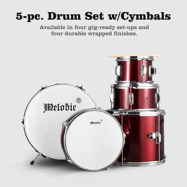 Melodic 5 Piece Drum Kit for Children Kids w/ Kick Pedal Cymbals Stool Drumsticks Red 