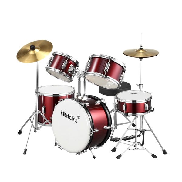 Melodic 5 Piece Drum Kit for Children Kids w/ Kick Pedal Cymbals Stool Drumsticks Red 