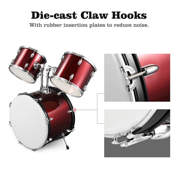 Melodic Full-size 5 Piece Drum Kit with Double Braced Hardware Cymbals Stool Red 