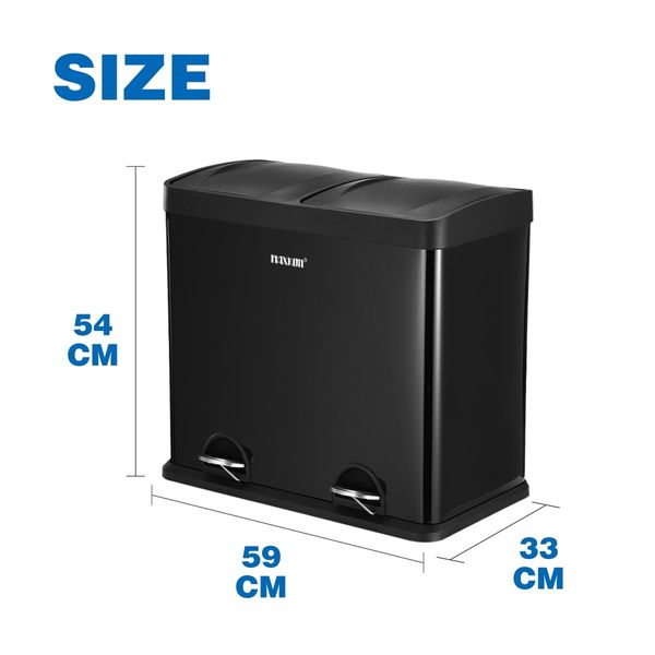 48L Dual Compartment Pedal Bin Kitchen Recycling Waste Bins Coated Steel Black 