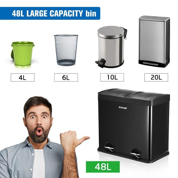 48L Dual Compartment Pedal Bin Kitchen Recycling Waste Bins Coated Steel Black 